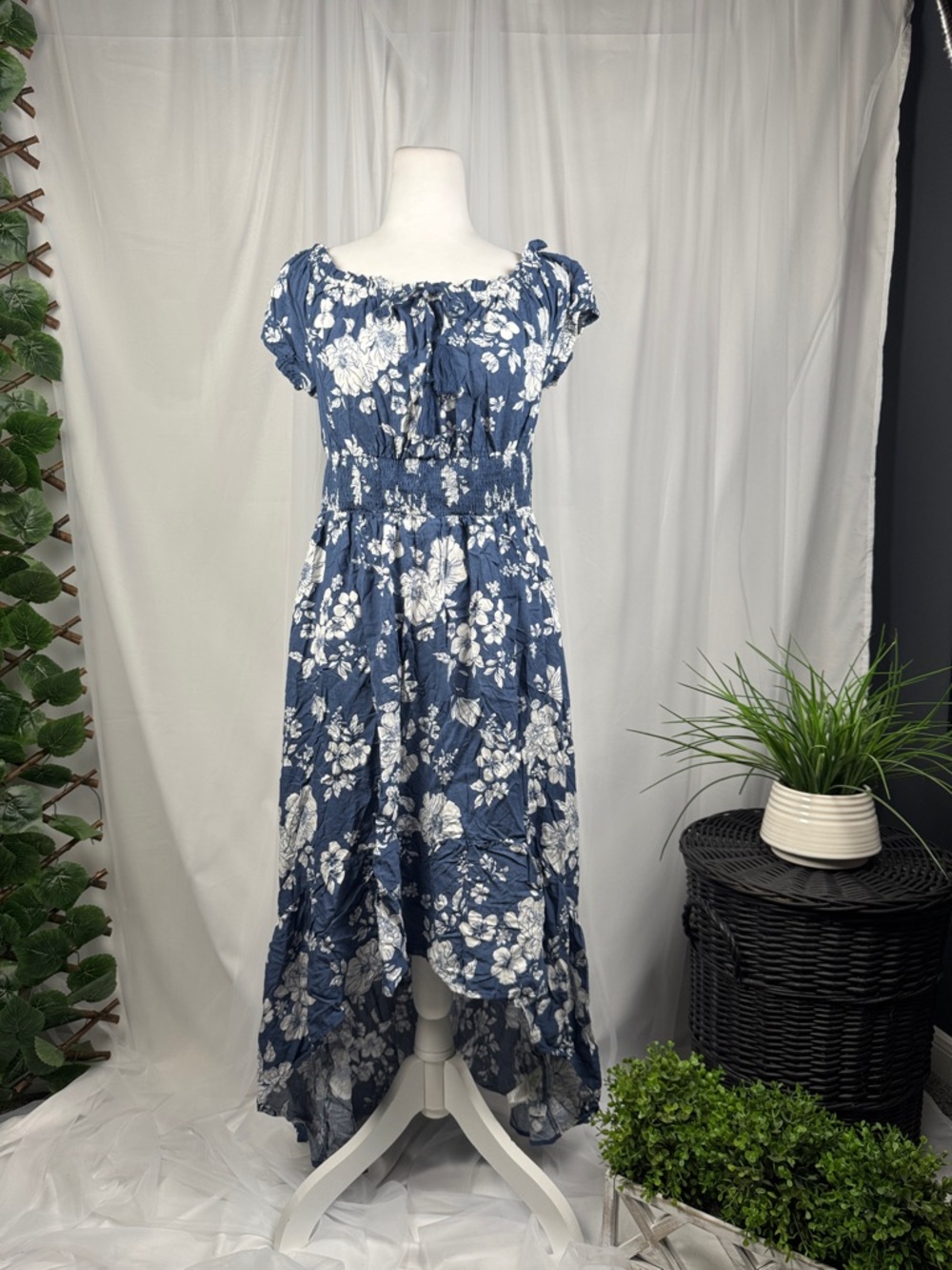 Blue Floral High-Low Maxi Dress with Smocked Waist